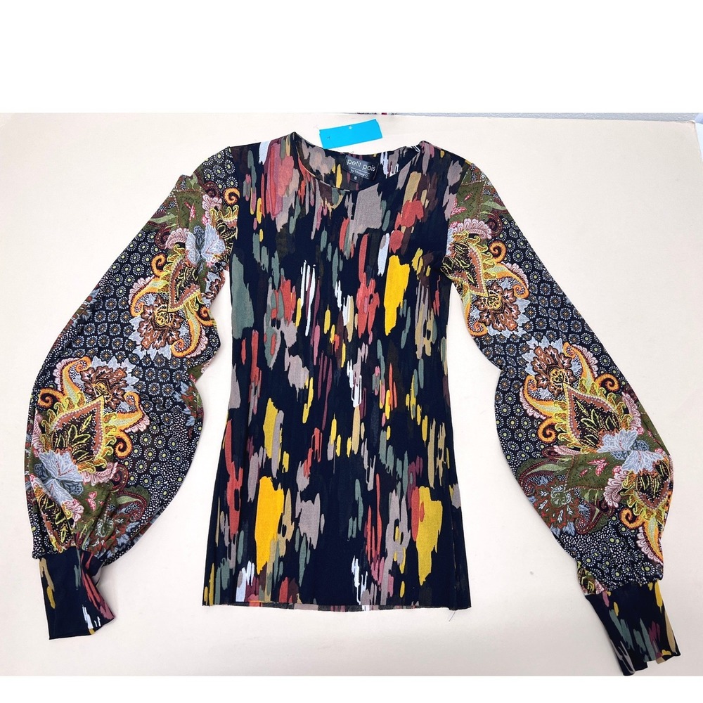 Petit Pois Mesh Top Womens Small Multicolor Excellent Paisley Balloon Sleeve